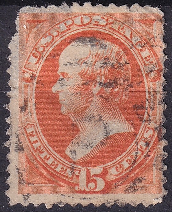 US 1879 Daniel Webster 15c red-orange, ABNCo soft paper issue, Scott 189: Issued on January 20, 1879, this 15-cent red-orange stamp features a finely engraved profile of Daniel Webster, one of the most prominent American statesmen of the 19th century. Printed by the America