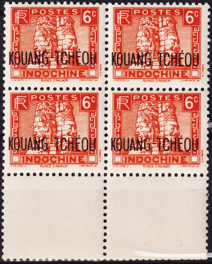 1937 Kouang-Tchou ovpt on Indochina 6c Angkor, corner block, Scott KT113: This 1937 issue from the French Post Office in Kouang-Tch?ou (Kwangchowan) features a black overprint reading "KOUANG-TCH?OU" on a 6 centimes red stamp originally issued for French Indochina. The desi