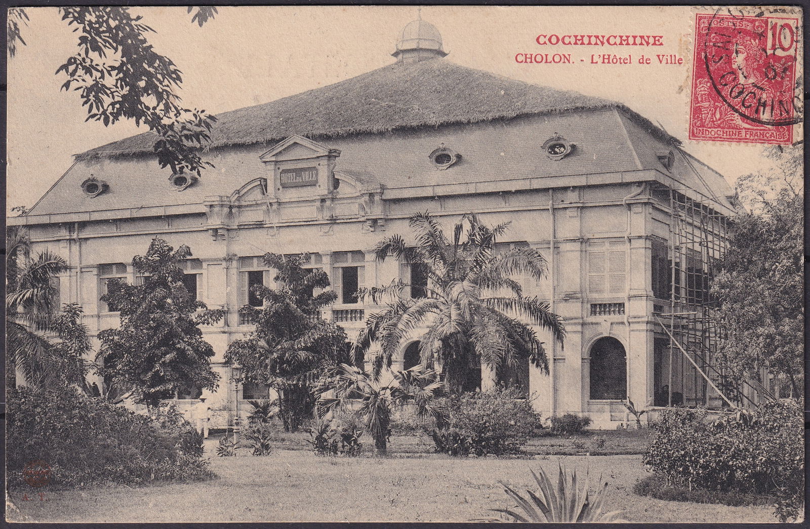 1900s French Indochina postcard with 10c stamp Scott 42 Cholon town hall: This early twentieth century postcard from French Indochina presents a rare authentic postal view of the municipal building at Cholon during the colonial period and carries a 10 centime Woman Type Gra