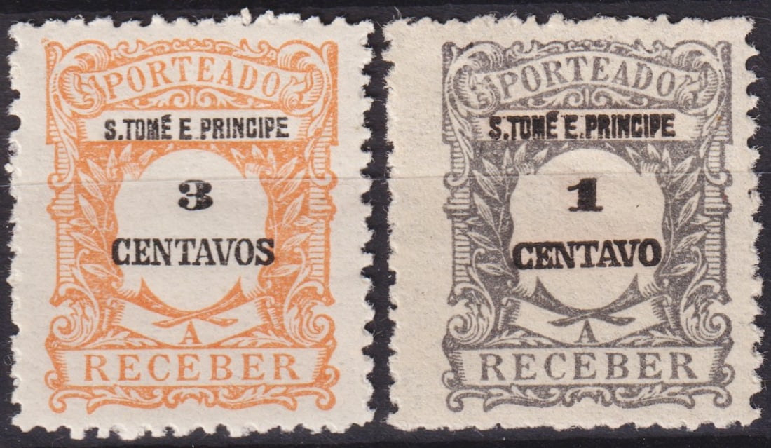 São Tomé & Príncipe 1921 Postage Due 1c & 3c MNH (Scott J43, J45): A pair of early postage due stamps from São Tomé & Príncipe, issued in 1921 as part of the definitive "Porteado" series, produced at the Casa da Moeda in Lisbon by typography printing. The set