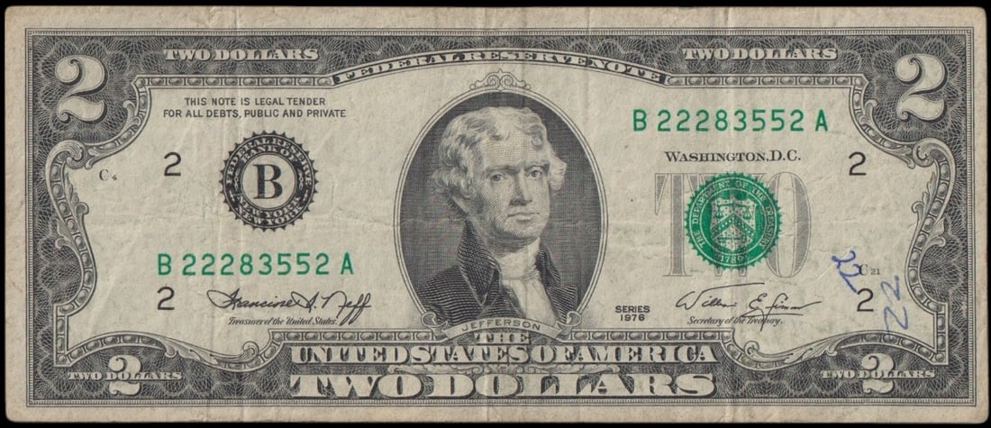 United States $2 Federal Reserve Note 1976, Jefferson and Independence (1 of 2)