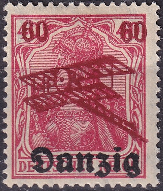 1920 Danzig Airmail Overprint, 60pf Lilac-Red, MNH, Scott DA C2: Issued on September 29, 1920, this 60 pfennig airmail stamp from the Free City of Danzig features a lilac-red design with a bold "Danzig" overprint, signifying its adaptation for local postal use foll