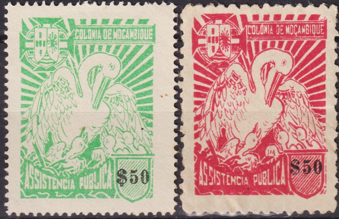 Portuguese Mozambique 1943 & 1950 Pelican Postal Tax Stamps, Michel Z47I & Z56: These two colonial postal tax issues from Mozambique, depicting a pelican feeding its young, were produced in 1943 and 1950 under Portuguese administration. The first, Michel Z47I / Scott RA49 / Yvert