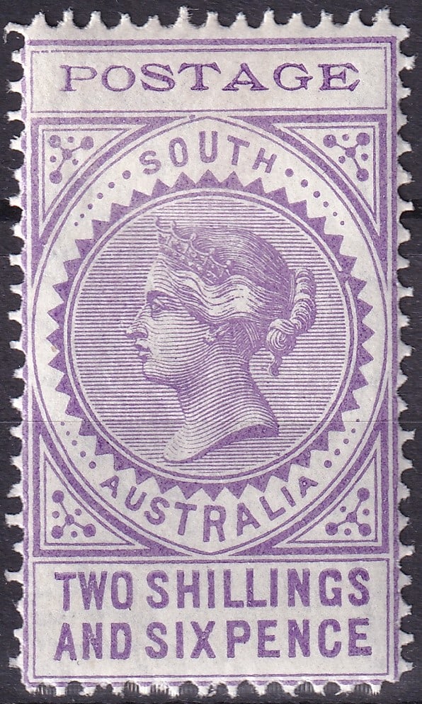 South Australia 1903 Queen Victoria Long Tom 2 shillings 6 pence violet Scott unlisted: A classic high denomination from the famous Long Tom series of South Australia featuring the elegant portrait of Queen Victoria engraved within the tall rectangular frame and inscribed TWO SHILLINGS A