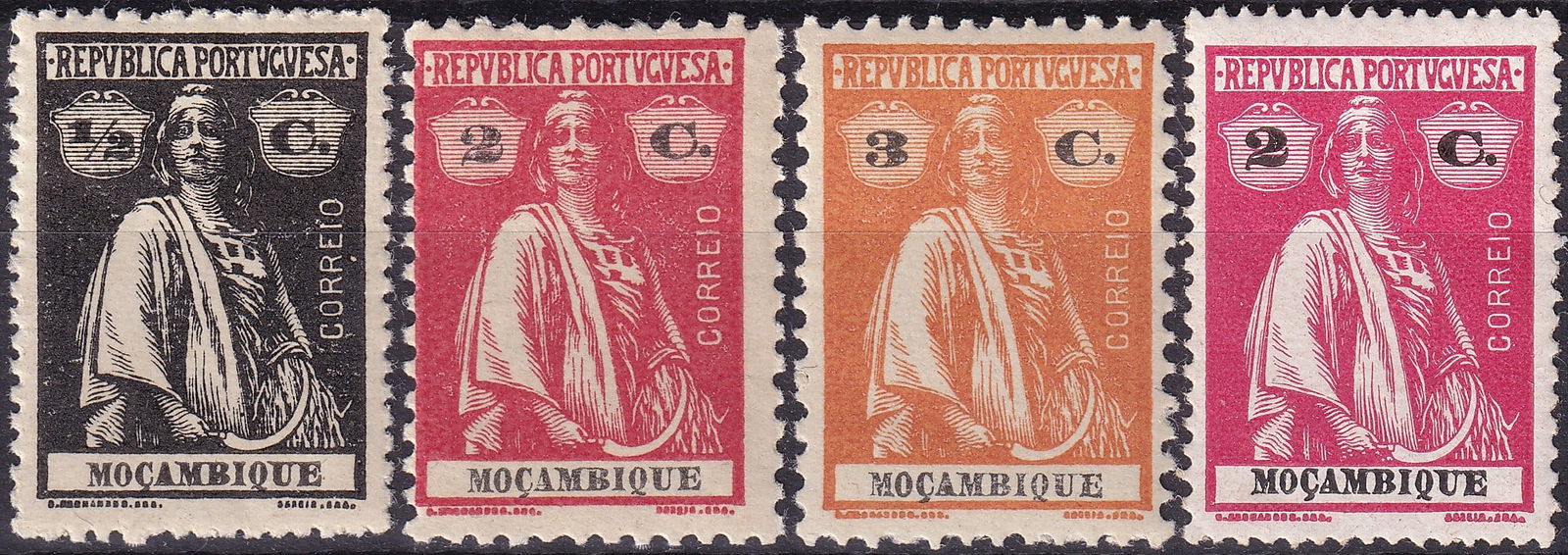 1914 Mozambique Ceres issue set Scott 153 172 classic colonial: This attractive group presents early issues from the celebrated Ceres definitive series of Mozambique, printed by Casa da Moeda in Lisbon during the formative years of the Portuguese Republic and the