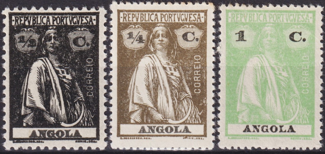 1914–1922 Portuguese Angola Ceres Issue Selection, Scott #118, 135, 137: A fine group of three early 20th century definitive stamps from Angola’s renowned “Ceres” issue, printed between 1914 and 1922 by the Casa da Moeda in Lisbon. The set includes the ½ c