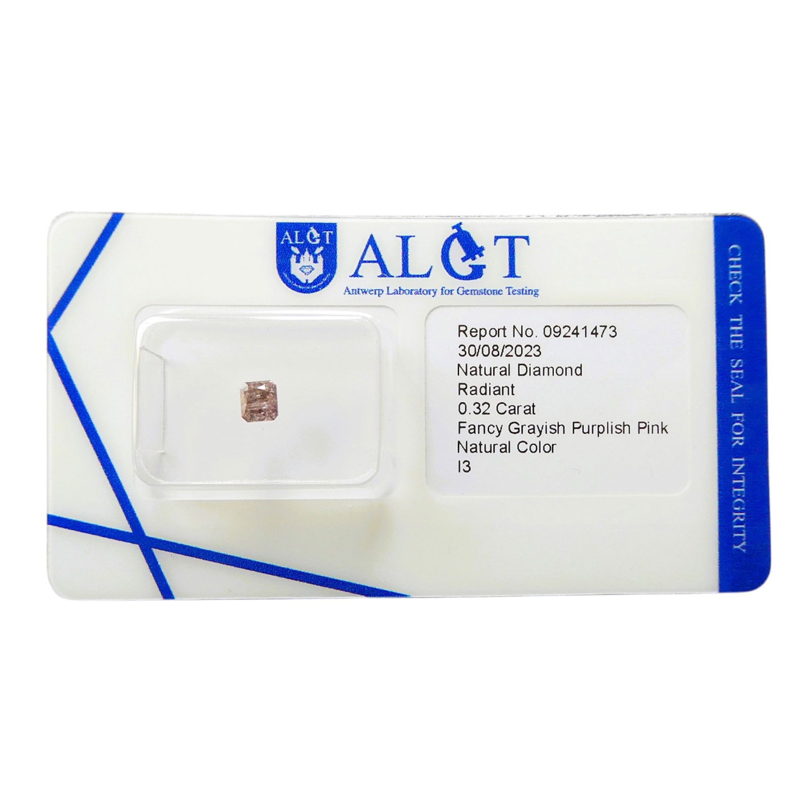 ALGT Fancy Grayish Purplish Pink Diamond, 0.32 ct Radiant: Graded by the Antwerp Laboratory for Gemstone Testing (ALGT) on 30 August 2023, this natural diamond features a radiant cut and weighs 0.32 carats. The color is described as "Fancy Grayish Purplish Pi