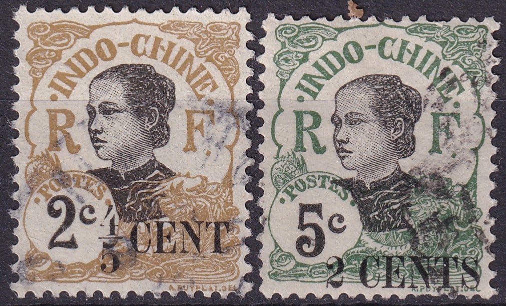 1919 Indochina Women Issue, Surcharged Cents, Scott 66 & 68: This pair of French Indochina definitive stamps, issued in January 1919, belongs to the celebrated ?Women of Indochina? series designed by Jules-Jacques Puyplat. Printed by the Imperial Printing Offic