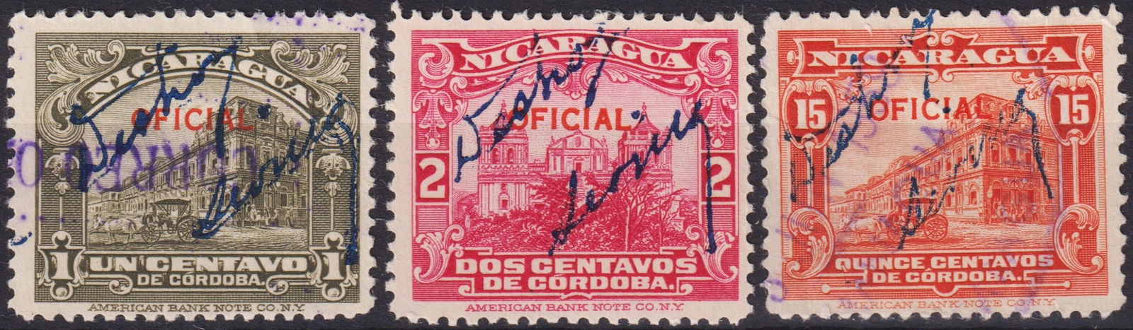 Nicaragua 1933 Official Overprints with Deshon & Sevilla Signatures (Scott O333/O339a/O814): A remarkable trio of Nicaragua’s 1933 official issue stamps featuring the iconic National Palace and associated government architecture, each bearing the distinctive manuscript signatures of “Desh