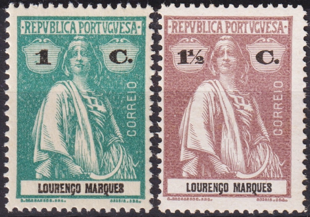Portuguese Lourenço Marques 1914–1915 Ceres Issue with Overprinted Values MNH (Scott 118–119,: This pair of stamps from Lourenço Marques belongs to the distinguished Ceres issue of 1914–1915, one of the most celebrated series in the philately of the Portuguese colonies. The designs feature t