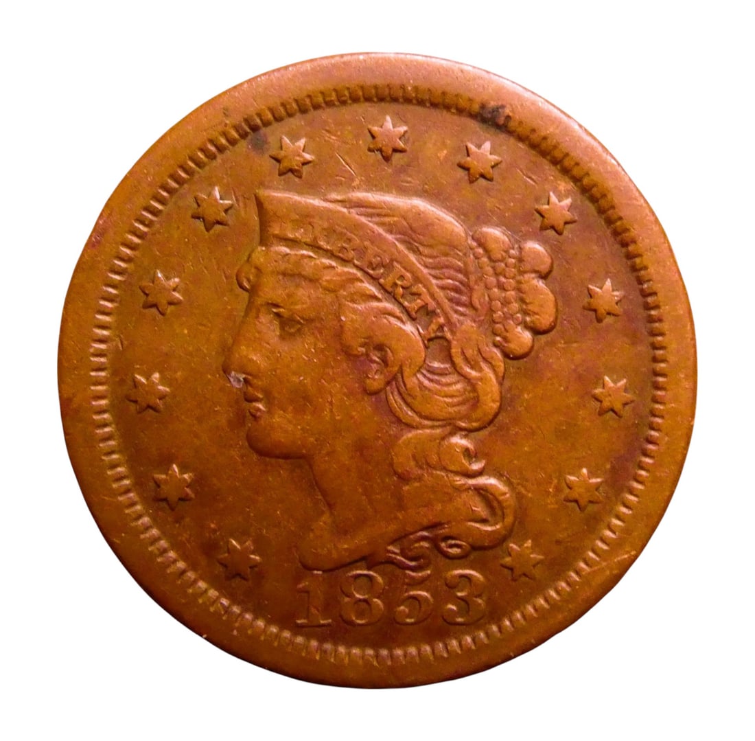 1853 Liberty Head Braided Hair Large Cent, U.S. Mint, Copper Coin: This is a classic 1853 United States Liberty Head Braided Hair Large Cent, struck in copper during the final decade of large cent production before transitioning to smaller cents in 1857. The obverse