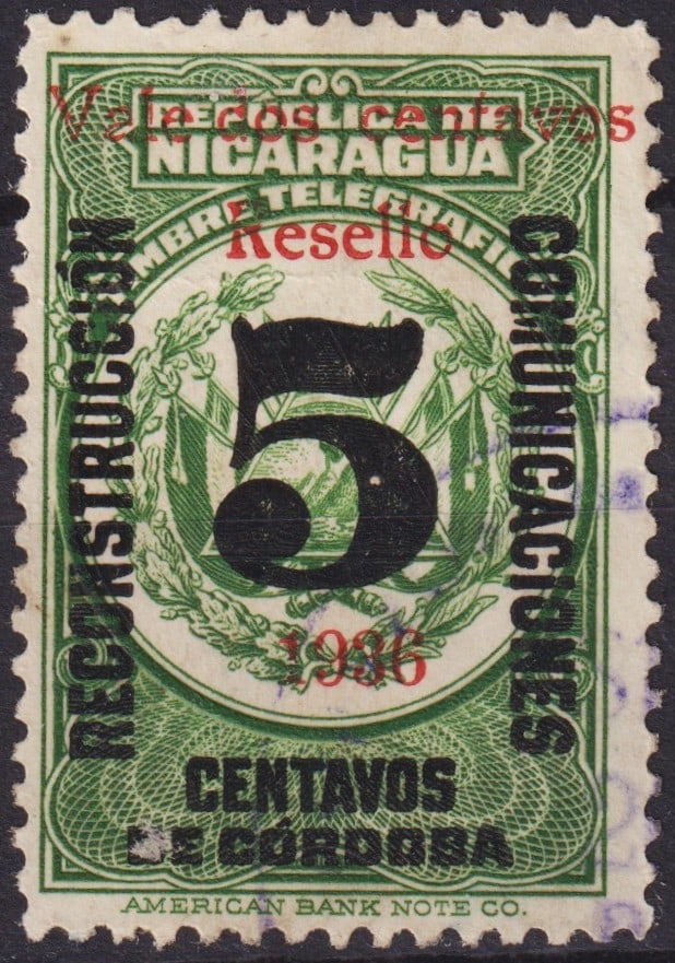 Portuguese Nicaragua 1936 5c Telegraph Reconstruction Tax Overprint (Mi NI Z45, SG 908): An exceptional and historically significant 1936 telegraph revenue stamp from Nicaragua, issued during the period of national reconstruction. Originally printed by the American Bank Note Company in Ne