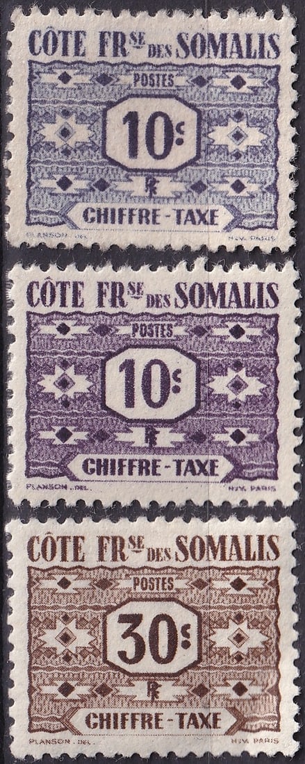 French Somaliland 1947 postage due set 10c violet 10c deep violet 30c sepia Scott J39 J40: This trio of 1947 French Somaliland postage due stamps represents the first postwar fiscal series issued for the territory under French administration and is catalogued as Scott J39 and J40. Designed