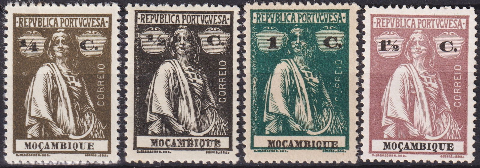 Portuguese Mozambique 1914 Ceres Issue Overprinted Values MNH Set of 4 (Scott 139–142): This set of four stamps from Mozambique belongs to the famous Ceres issue introduced in 1914 and in use until 1933, one of the most iconic colonial stamp series of Portugal and its overseas territorie