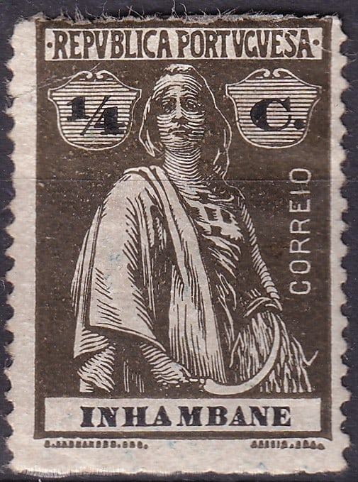 Portuguese 1914 Inhambane Ceres quarter centavo olive black: Issued in 1914 for the Portuguese colonial administration in Inhambane, this classic Ceres definitive shows the allegorical figure of Ceres, symbol of agriculture and abundance, printed typographicall
