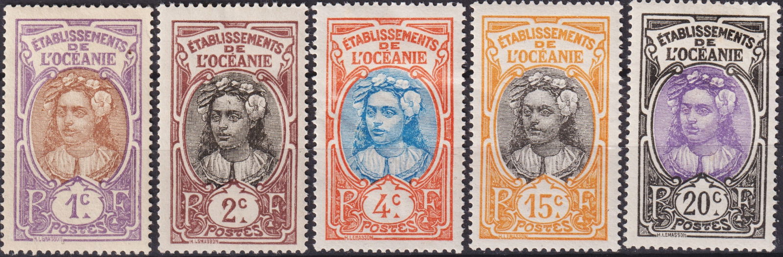 French Oceania 1913–1930 Tahitian “Type Lemasson?? Definitive Set: A complete set of five beautifully engraved definitive stamps issued for French Oceania between 1913 and 1930, depicting the celebrated Tahitian girl motif designed by Henri Lemasson, a hallmark of co