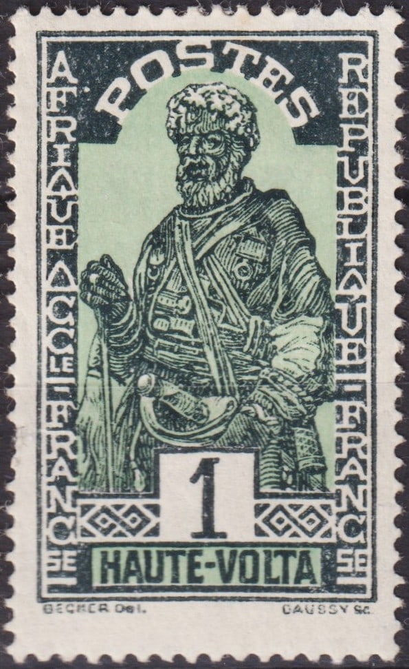 French Upper Volta 1928 Warrior Definitive 1c Green, Scott #43: Issued on November 16, 1928, this 1 centime definitive from Upper Volta (Haute-Volta) represents the early postal history of this short-lived French colony, carved out of French West Africa in the lat