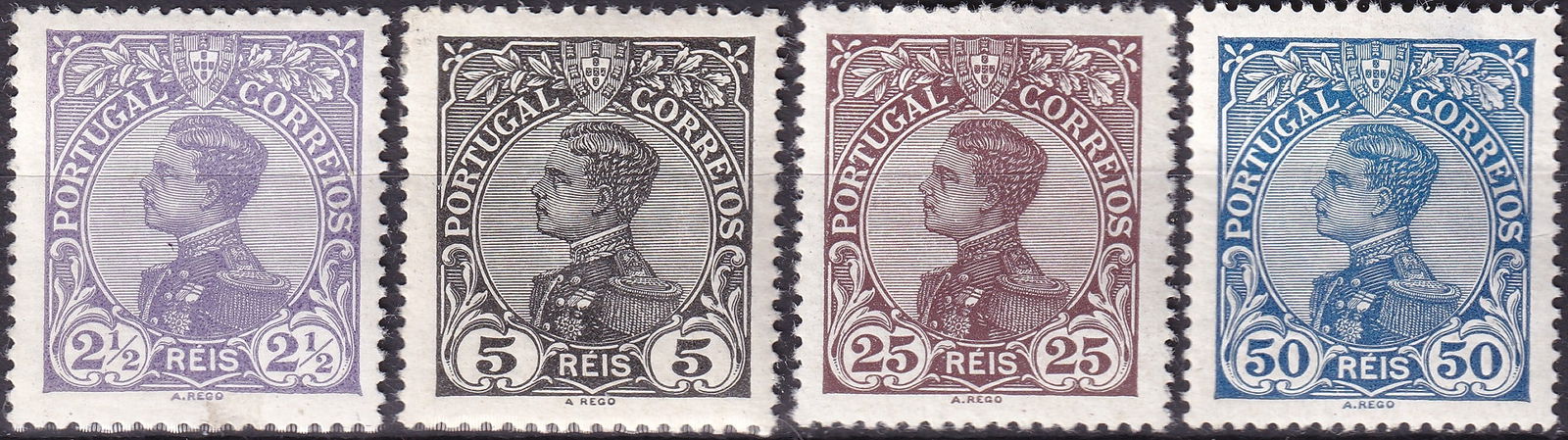 1910 Portugal King Manuel II classic definitive royal portrait issue Scott PT 156, 157, 161, 162: This elegant group of four classic definitives from the Kingdom of Portugal presents the portrait of King Manuel II the last monarch of Portugal issued during the final years of the monarchy before th