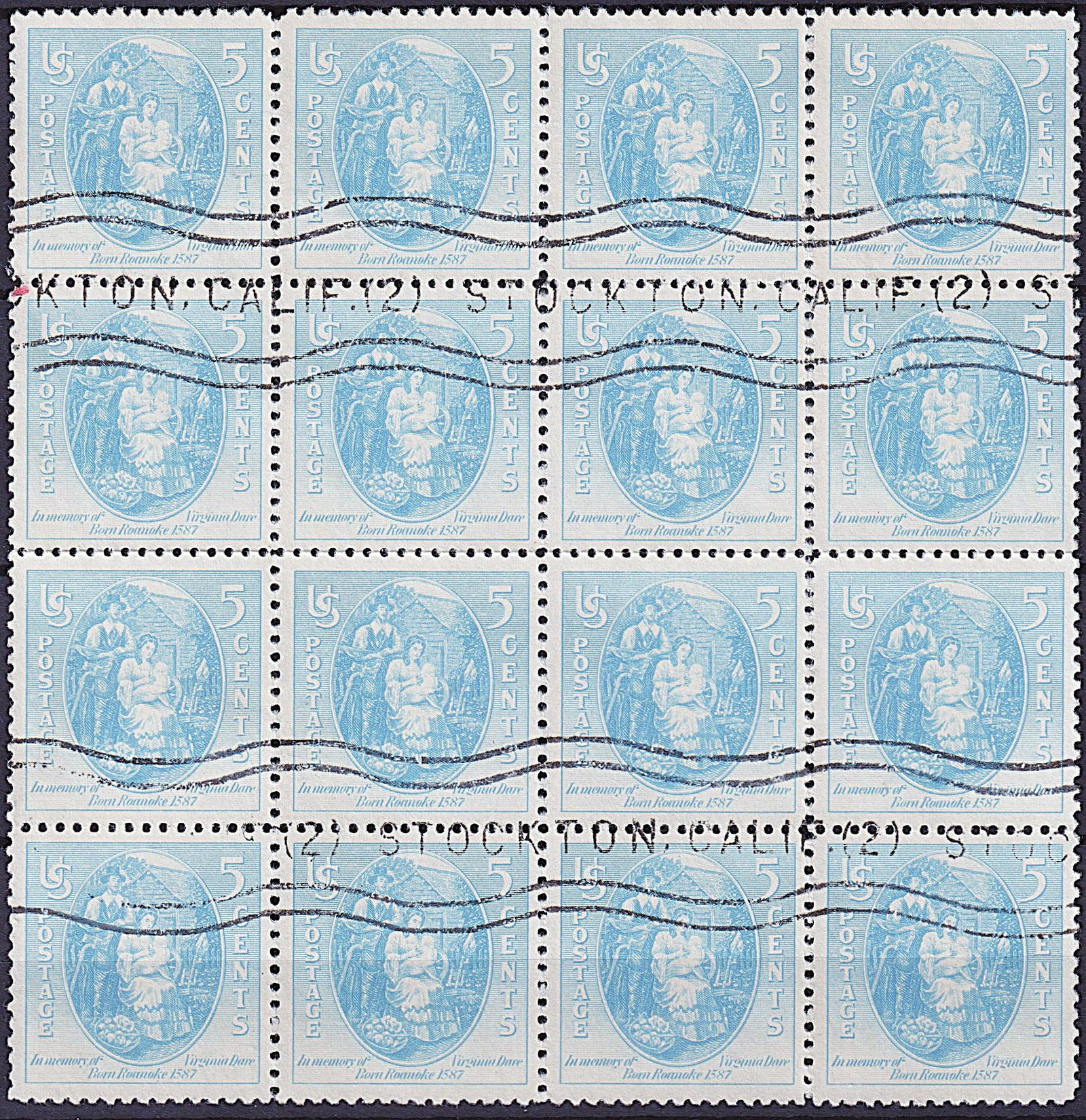 1937 US Scott #796, Virginia Dare 5c Block of 16, Stockton CA Cancel (1 of 2)