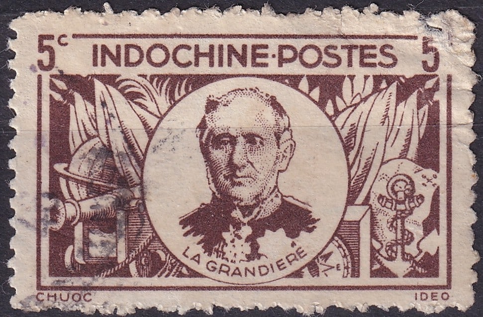 1945 French La Grandière issue, brown 5c, Scott FR-IC 244: This postage stamp from French Indochina, issued on January 10, 1945, belongs to the “Seafarers” series and features Admiral Pierre-Paul de La Grandière, a notable figure in the French coloni