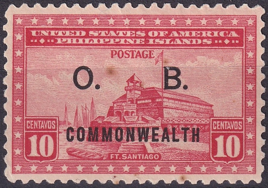 Philippines 1938 Official Overprint Commonwealth 10 Centavos Fort Santiago PH O31a: This official postage stamp from the Philippines issued in 1938 under United States administration presents the impressive Fort Santiago design in rose carmine with a bold black overprint reading O B