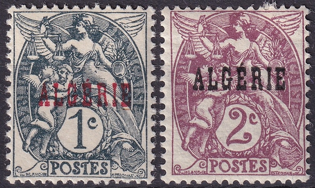 1924 French Algeria Blanc Type set, 1c & 2c OVP “ALGERIE??, SG DZ 2–3: Issued in 1924 as part of the definitive series for French Algeria, these typographed stamps feature the allegorical “Type Blanc” design by Joseph Blanc and Emile Thomas. The central image dep