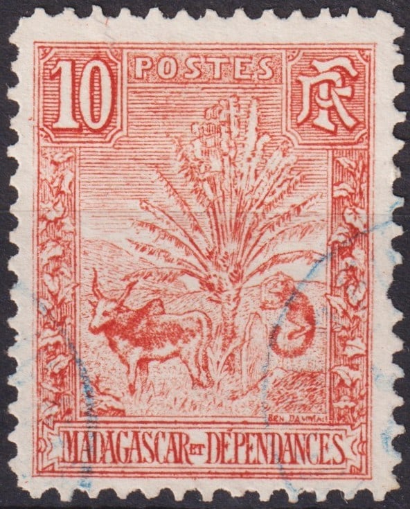 Madagascar 1903 10c Red "Traveller's Tree and Zebu" Scott #67: Issued in 1903 under French colonial administration, this 10 centimes red stamp from Madagascar and Dependencies (Scott #67, Michel MG 63, Yvert & Tellier MG 67, Stanley Gibbons MG 42) forms part of t