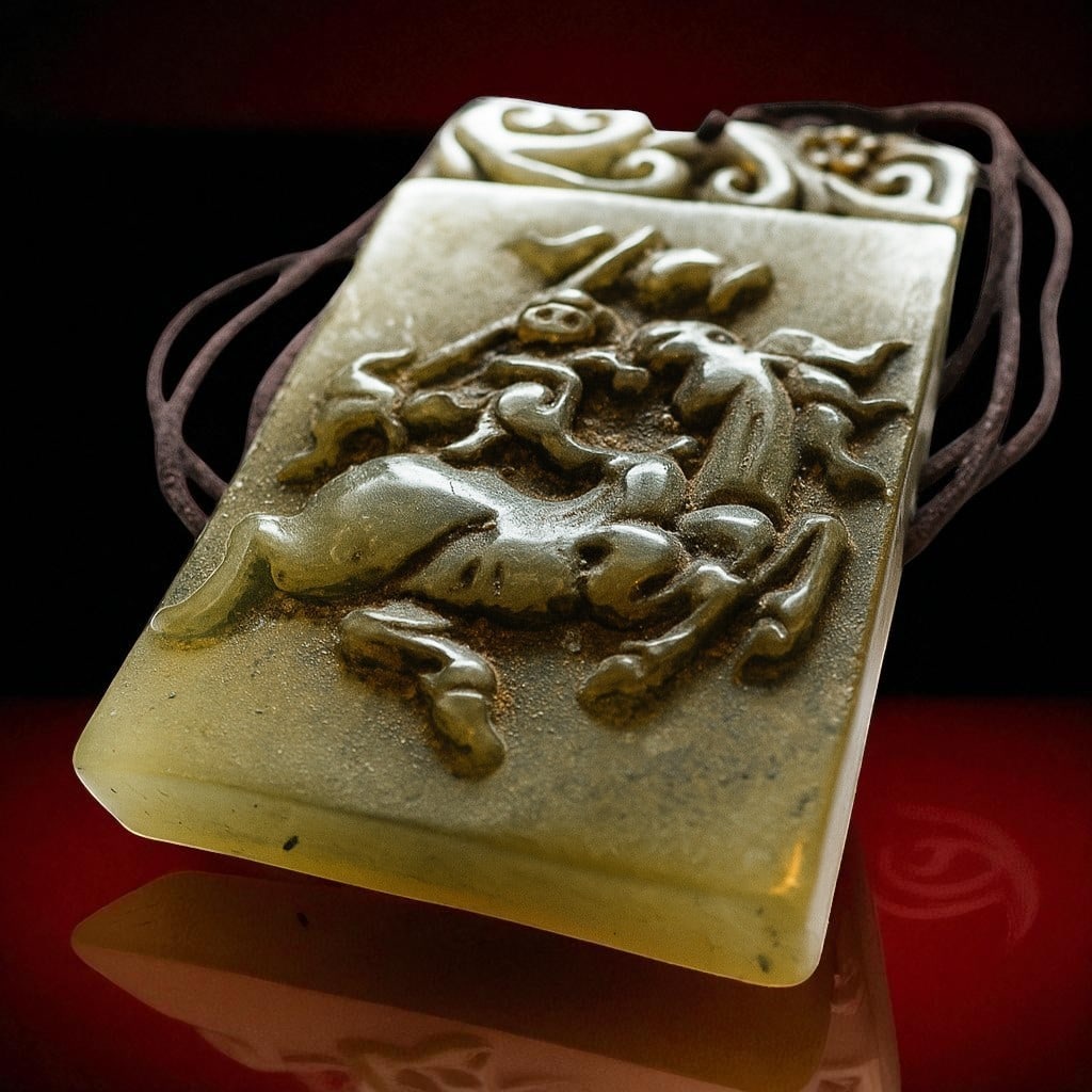 China Hand-Carved Pendant, Monkey on Horseback, Qing Dynasty Hetian Jade: This exquisite hand-carved pendant from the Qing Dynasty features a detailed depiction of a monkey riding a horse. It is skillfully crafted from Hetian jade, renowned for its high quality and fine tex