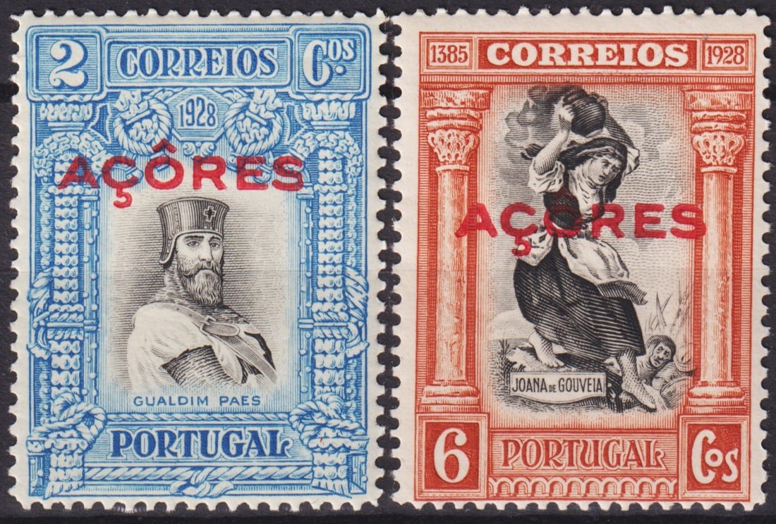 Portuguese Azores 1928 Overprinted Independence Issue Scott PT-AZ 284 & 288: Issued on November 27, 1928, these commemorative stamps from the Azores belong to the third emission celebrating the Independence of Portugal and were produced with the bold red overprint "AÇORES" on