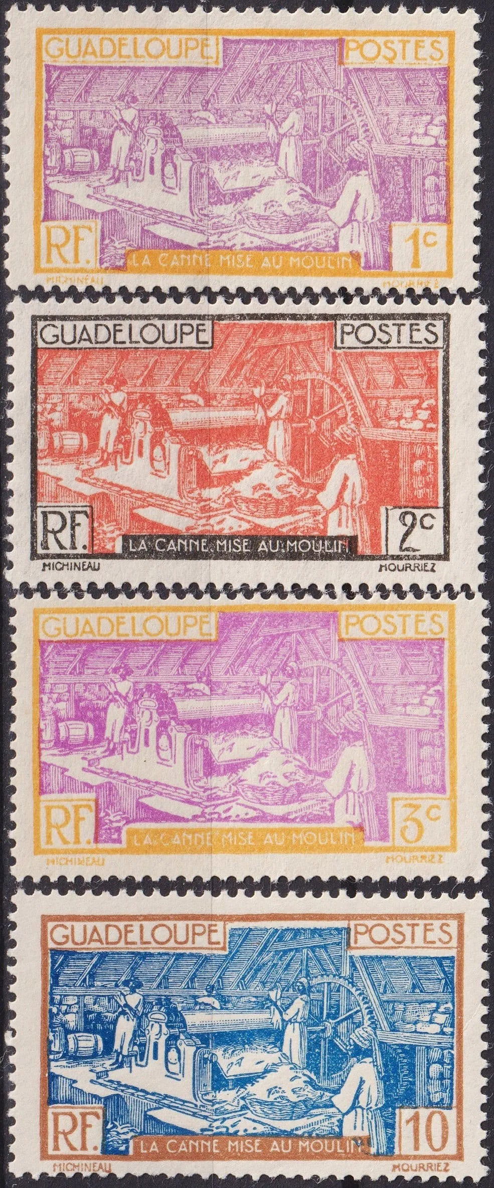 French Guadeloupe 1928 Sugar Cane at the Mill Set Scott #96–101 MNH: Issued on 18 June 1928, the Guadeloupe “La Canne Mise au Moulin” definitives vividly depict the sugar industry, a cornerstone of the island’s colonial economy and cultural identity. Designed