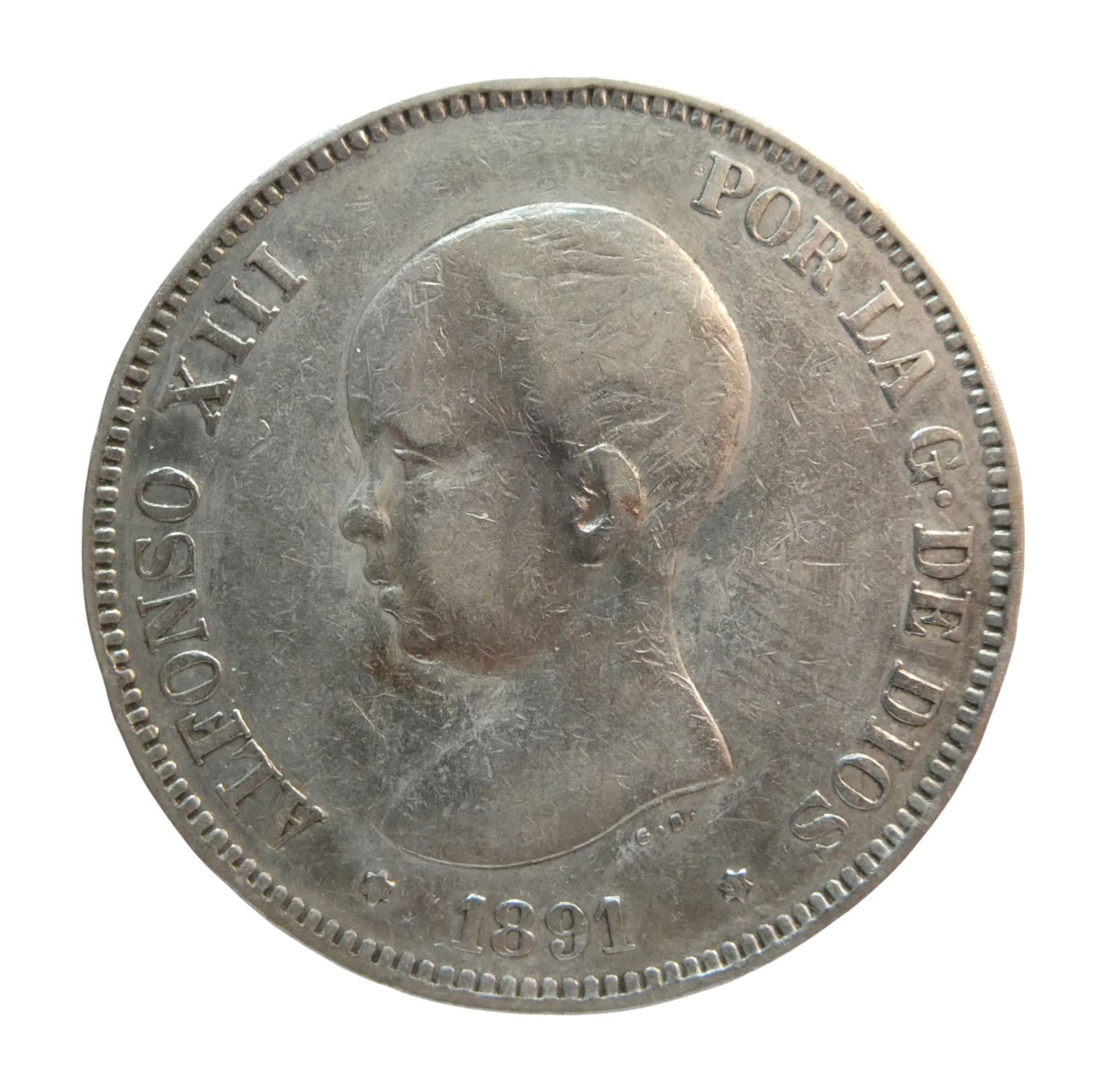 1891 Spain 5 Pesetas, Alfonso XIII, Silver Coin (1 of 2)