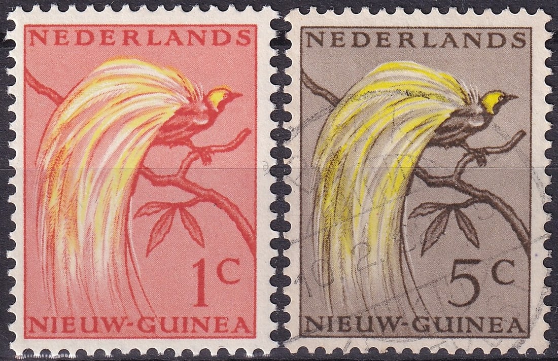 1954 Netherlands New Guinea Birds-of-Paradise Set (Scott 22–23): This attractive 1954 issue from Netherlands New Guinea presents two definitive stamps featuring the iconic Bird-of-Paradise, one of the most celebrated symbols of the island’s rich fauna. Designed b