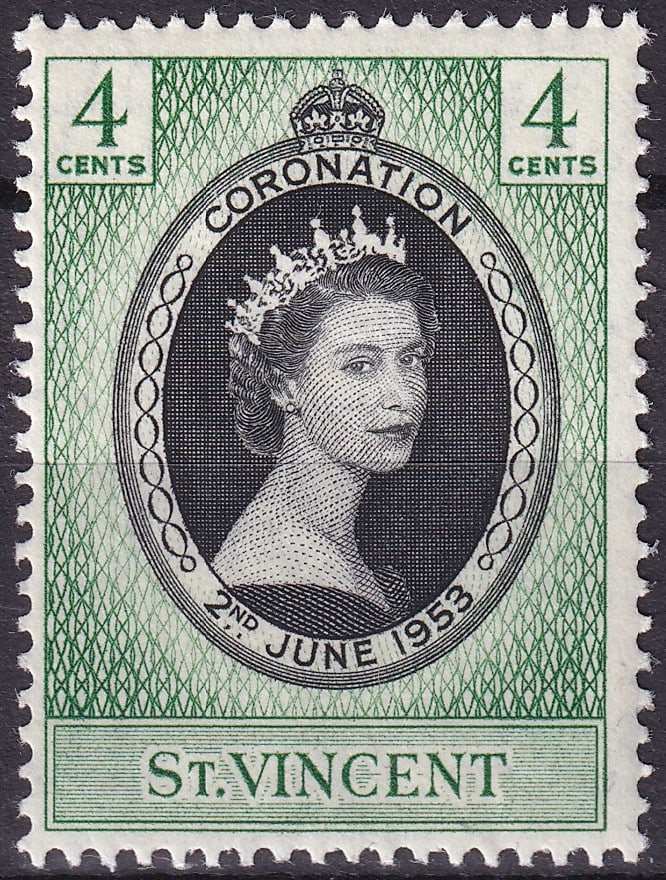 1953 St. Vincent 4c Coronation of Queen Elizabeth II (Scott 185): Issued on 2 June 1953 as part of the major British Commonwealth omnibus set celebrating the coronation of Queen Elizabeth II, this 4-cent engraved commemorative from St. Vincent reflects the unified v