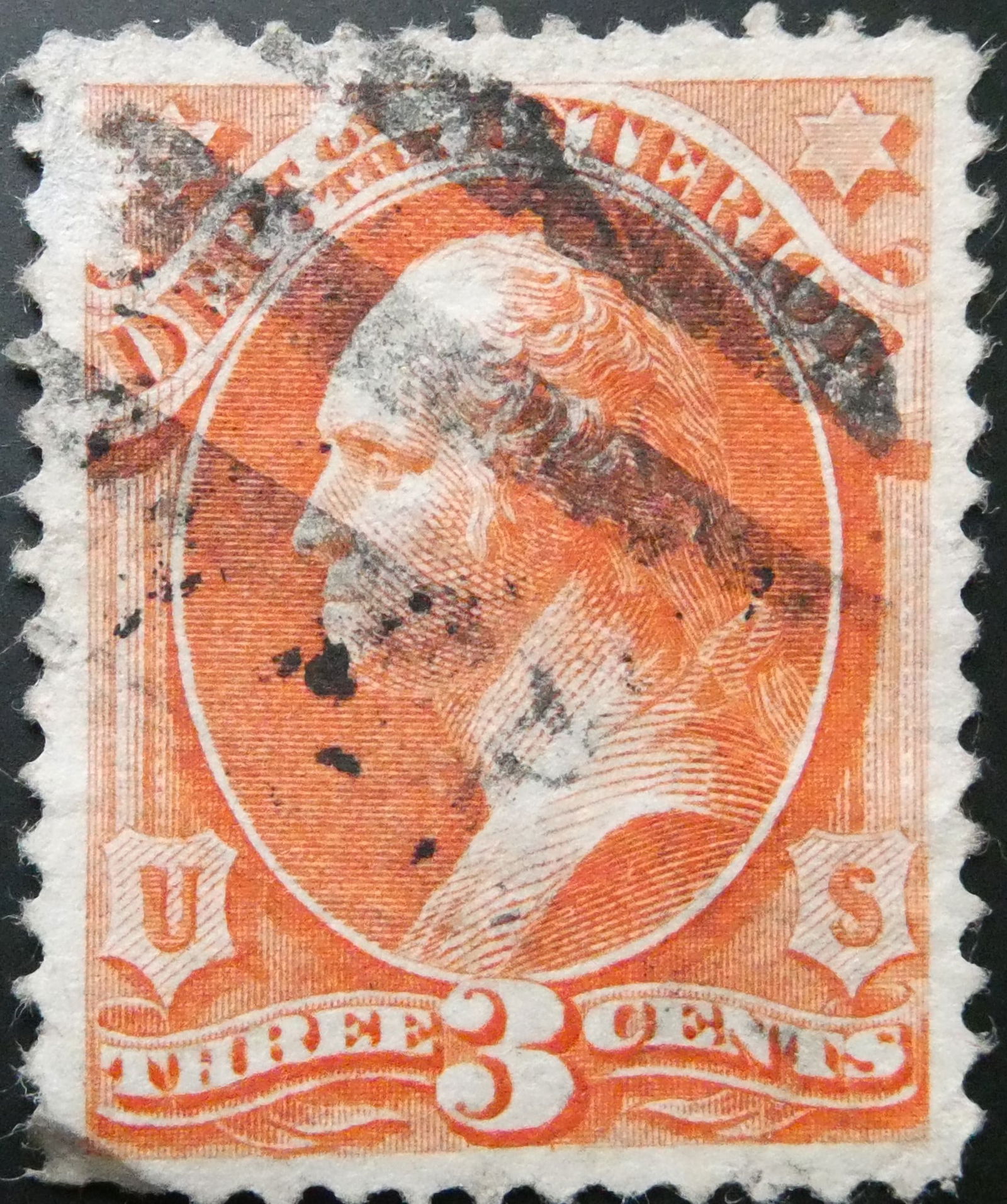 1879 Interior Department 3c vermilion, Scott O98, used (1 of 2)