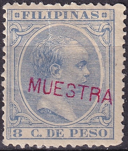 1892 Philippines Spanish Colony King Alfonso XIII Specimen Scott PH 161: This lot presents a single classic philatelic specimen from the Philippines under Spanish colonial administration, issued in 1892 during the early reign of King Alfonso XIII. The stamp corresponds to