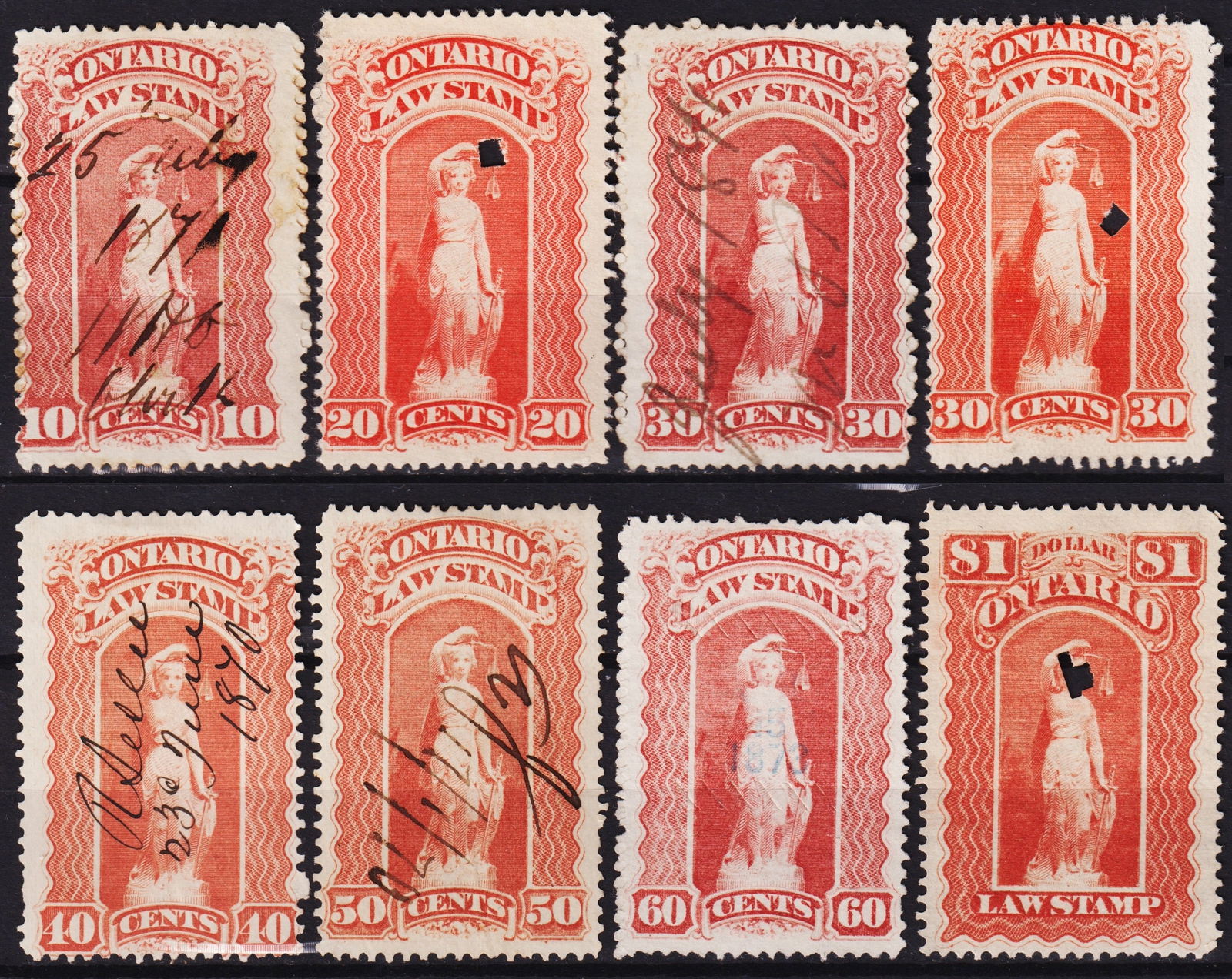 1870 Ontario Law Stamps set, Allegorical Figure, used, Canada Revenues (1 of 2)