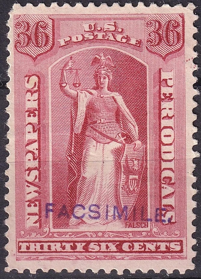 1885 36 cent Newspaper Stamp, red, "FACSIMILE" ovp, Scott PR84: Originally issued on July 1, 1885, the 36-cent newspaper and periodicals stamp depicts the allegorical figure of Justice holding scales and a shield bearing the U.S. eagle. Printed by the American Ban