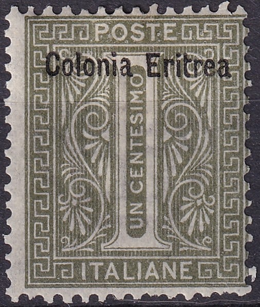 Eritrea 1893 Italian Administration 1c overprint Michel ITER1: This 1893 one centesimo definitive stamp overprinted for use in Eritrea represents the earliest postal issue of the newly established Italian colony and is catalogued as Michel ITER1. Printed by Offic