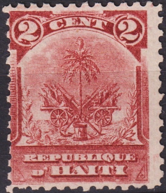 Haiti 1898 2c Coat of Arms, Watermarked RH Serif – Scott HT 47 MNH: This finely engraved 2 centimes stamp from Haiti, issued in 1898, belongs to the Coat of Arms definitive series and depicts the nation’s emblem with palm tree, cannons, and trophies of arms, symboli