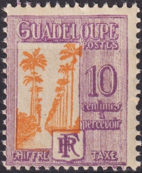 French 1928 Guadeloupe Postage Due 10c Violet and Yellow Palms, Scott J28: Issued on June 18, 1928, this 10 centimes postage due from Guadeloupe forms part of the striking colonial series designed by Georges Hourriez and Gilbert de Chambertrand. Printed by typography, perfor