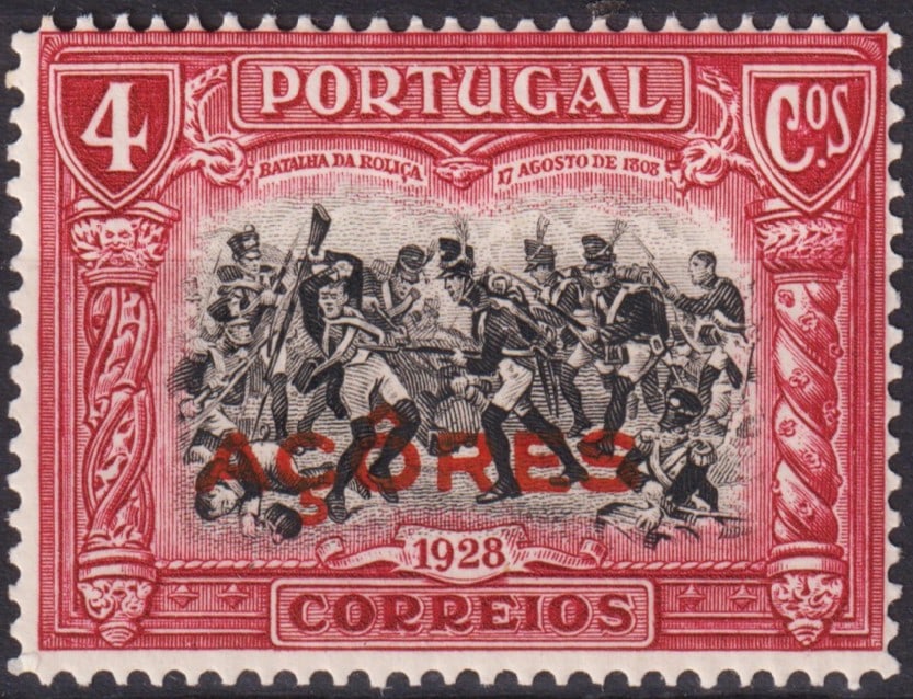 portuges 1928 Azores Scott #286, 4 Centavos Carmine & Black, Battle of Roliça: Issued on November 27, 1928, this striking commemorative stamp from the Azores belongs to the third emission celebrating the Independence of Portugal and bears the distinctive red overprint “AÇORES