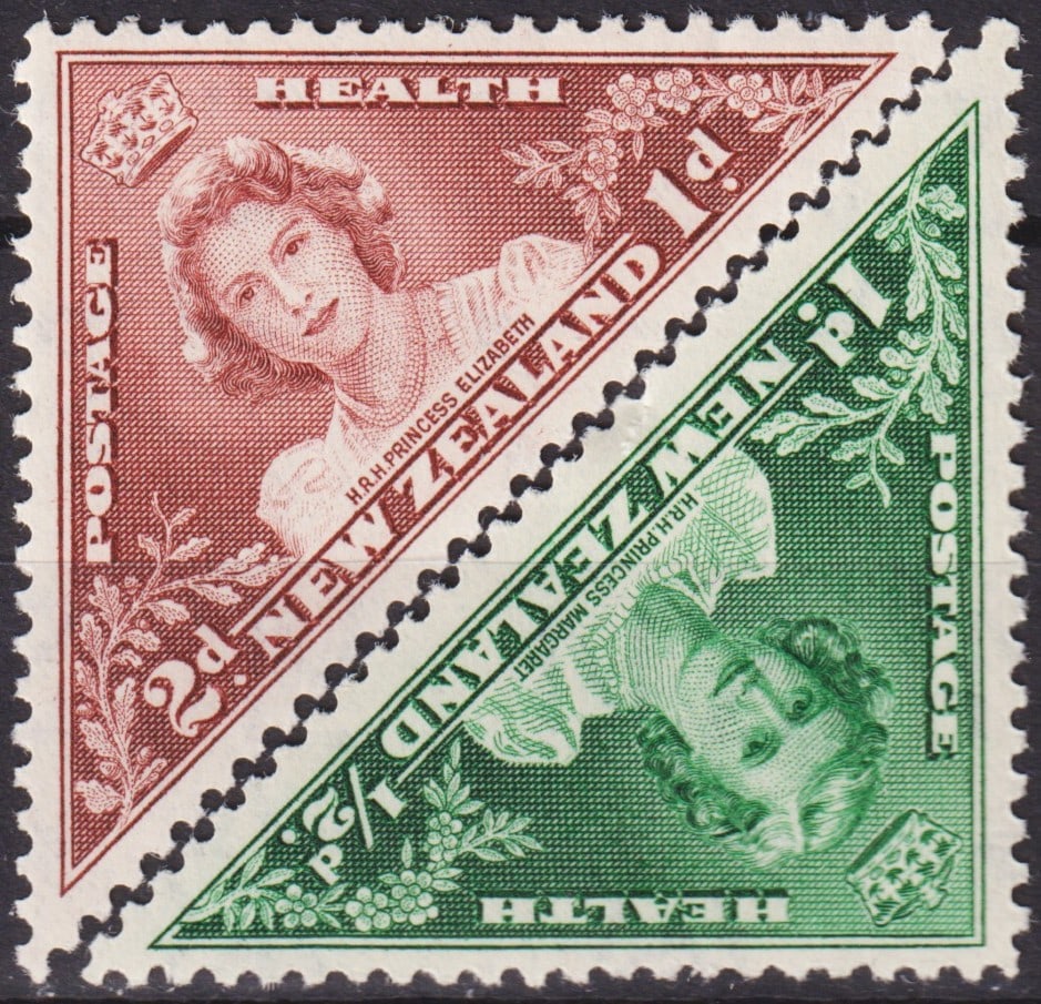 British New Zealand 1943 Health Triangles Scott B22–B23 Princesses: Issued on 1 October 1943, this famous pair of triangular Health stamps from New Zealand depicts the young Princess Elizabeth (later Queen Elizabeth II) and her sister Princess Margaret Rose, designed
