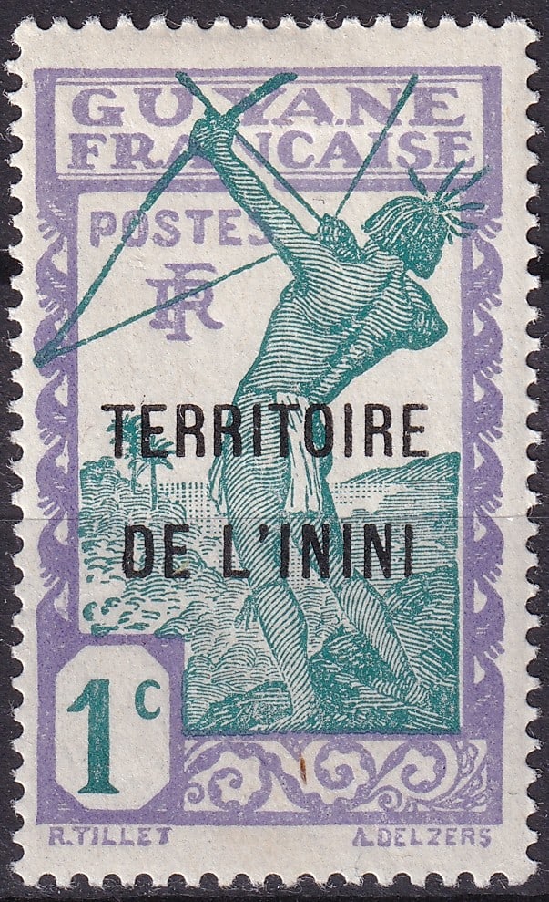 French Inini 1932 Archer Issue 1c Scott INI1 French Colonial Overprint: This 1932 Inini 1 cent stamp, listed as Scott INI1, originates from the early postal history of the Inini Territory, a remote inland administrative division carved out of French Guiana during the inte