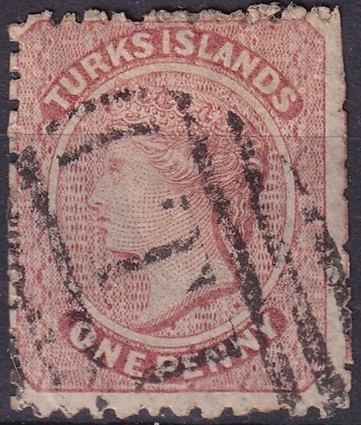 1879 Turks Islands Queen Victoria Scott 1 one penny Scott CA F1a: Issued in 1879 for the Turks Islands during the reign of Queen Victoria this classic one penny stamp represents the earliest phase of organized postal administration in the small British Caribbean col
