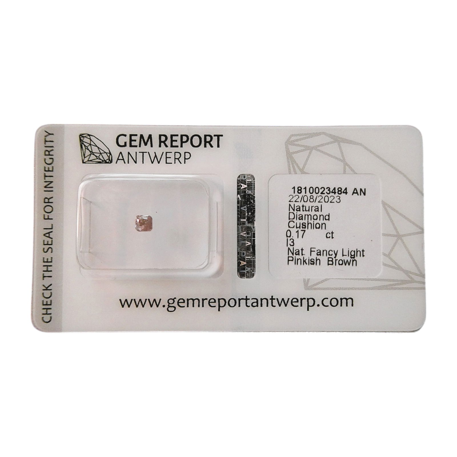 Antwerp-certified 0.17 ct Cushion Diamond, Fancy Light Pinkish Brown (1 of 5)