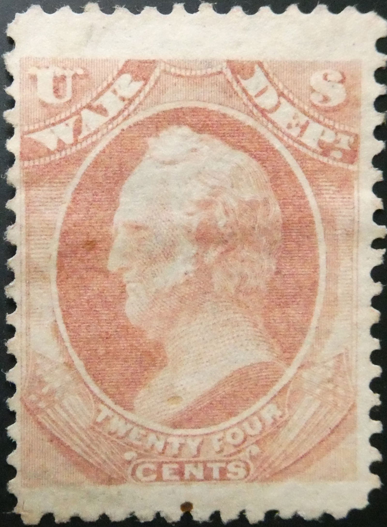 1873 U.S. War Dept. 24c rose, Gen. Winfield Scott, MH, Scott O91: This 24 cent rose stamp was issued in 1873 for official use by the War Department of the United States government. Featuring a finely engraved profile of General Winfield Scott?hero of the War of 1812