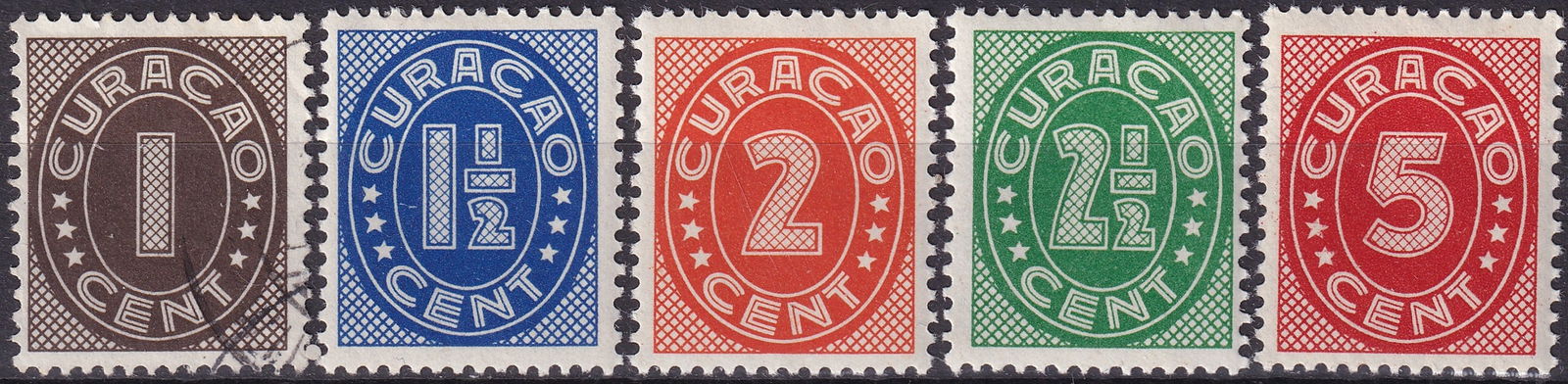 1936 Curaçao Numerals Set of 5, 1c–5c, Mixed Mint & Used (SG 155A–159A): This is a complete five-value set from the important 1936 Numerals issue of the Netherlands Antilles (Curaçao), comprising the 1 cent dark brown, 1½ cent ultramarine, 2 cent red-orange, 2&frac