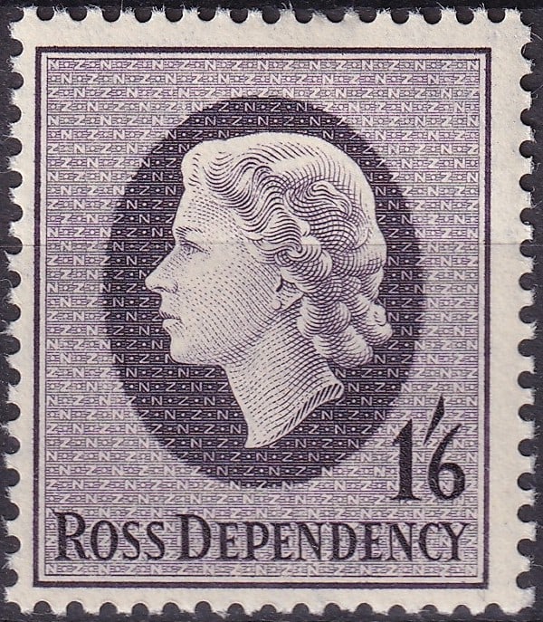 Ross Dependency 1957 Queen Elizabeth II 1s6d Gray Violet (Scott NZ-RO L4): Issued on January 11, 1957, this 1 shilling 6 pence definitive from Ross Dependency—the New Zealand-administered Antarctic territory—belongs to the first sterling-currency series released for loca
