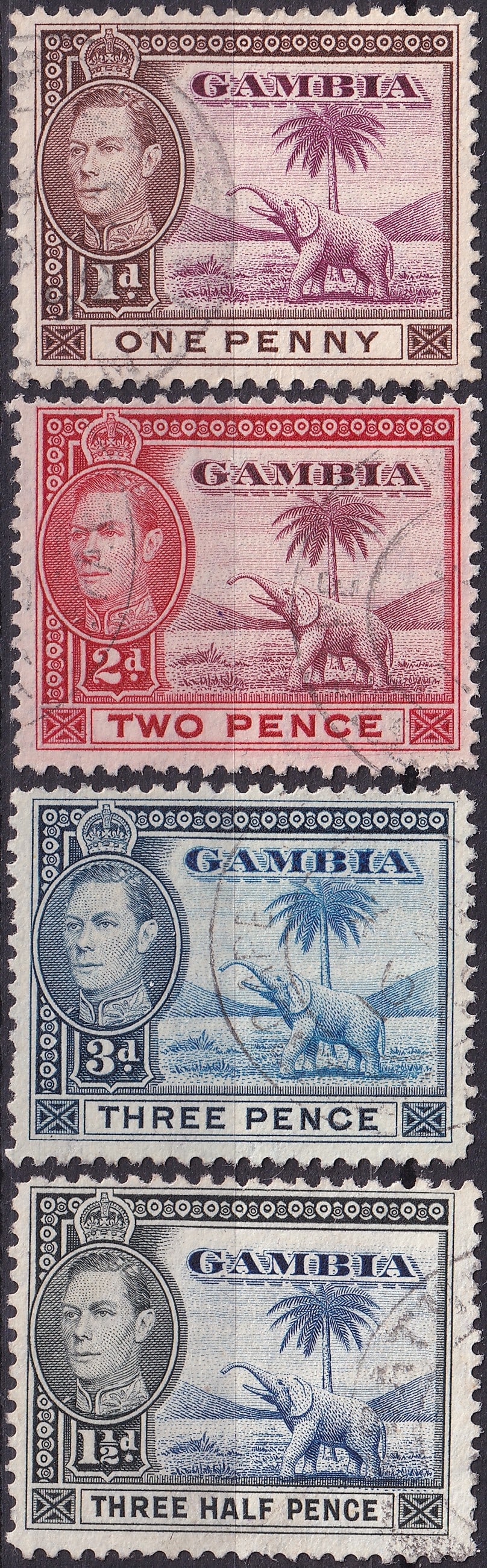 Gambia 1938–1946 King George VI “Elephant and Palm Tree?? Issue (Scott GM 133–136): Issued between 1938 and 1946 under the reign of King George VI, this beautifully engraved series from Gambia represents one of the most admired definitive issues of the British Empire’s West African