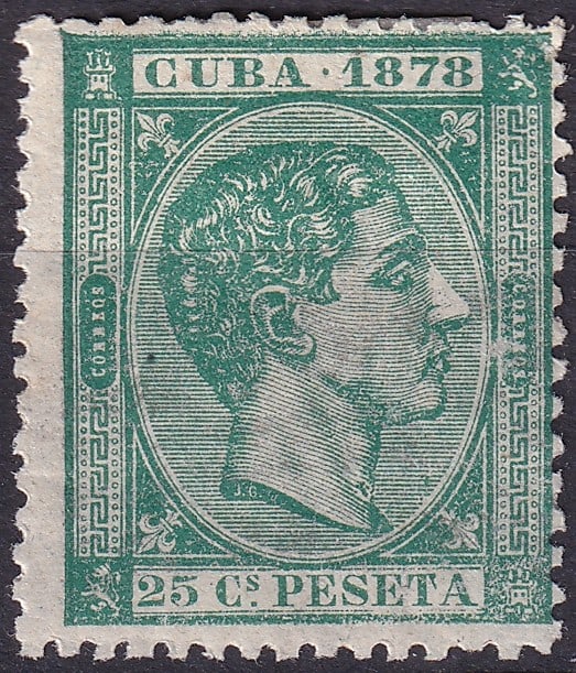Cuba 1878 King Alfonso XII, 25 c green, Scott CU 73: Issued in 1878 during Spanish colonial rule, this 25 céntimos de peseta stamp from Cuba features the finely engraved profile of King Alfonso XII, capturing the neoclassical portraiture style characte